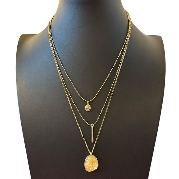Lucky Brand Jewelry - Beautiful Hammered Matte Gold Tone Layered Necklace w/ Rough Cut Pendant.